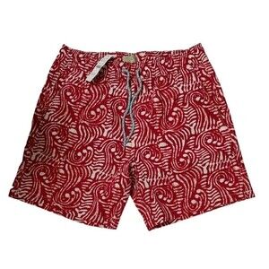 J Crew Mens Swim Trunks Shorts 6" Stretch Red White Batik Print BB948